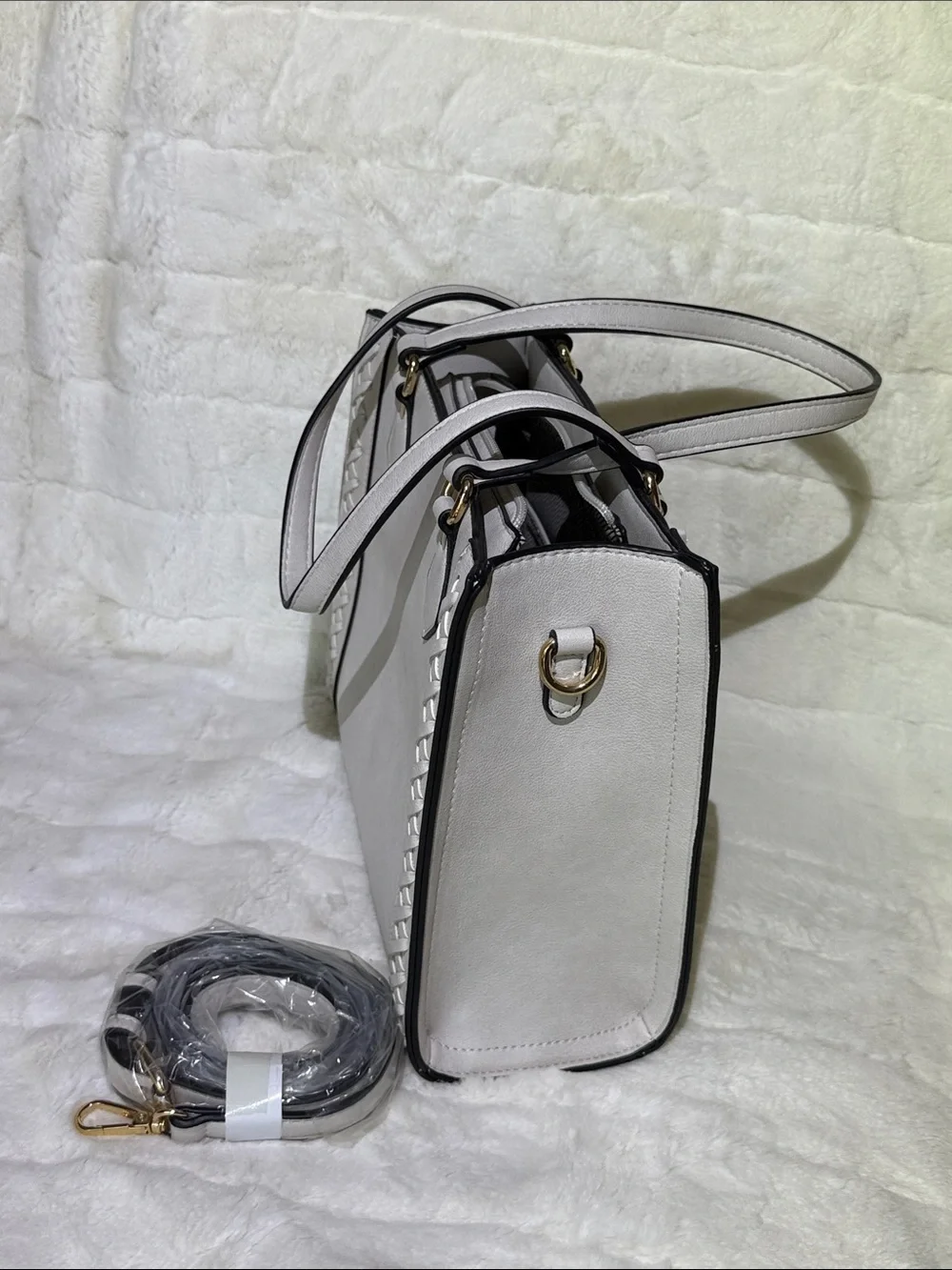 Jen & Co Light Gray/Stone Tote Bag with Braided Trim and crossbody strap